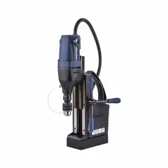 Standard magnetic drill press with electric magnet for secure attachment to ferrous workpieces. Features a Weldon spindle, fixed 450 RPM speed, and 6 inches of drill travel. Suitable for drilling in structural steel, fabrication, and maintenance applications. Includes carry case.