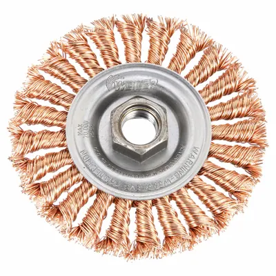 WEILER Wire Wheel Brush: Twisted Bronze, 4" Dia x 1/2" Wd, 5/8"-11 Arbor - Nonsparking Heavy-Cleaning Brushes for Hard Metals
