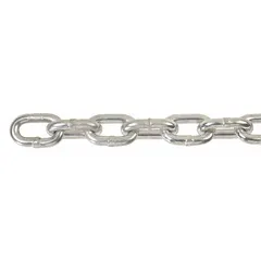 This Grade-30 load-securing chain is made of carbon steel with a zinc finish for corrosion resistance. The straight link pattern and 3/16 in trade size suit moderate-duty applications such as towing, tie-downs, and cargo restraint in transportation, warehousing, and construction.