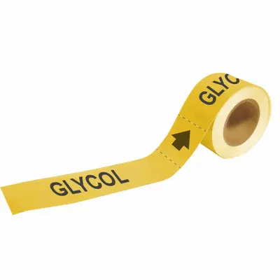 BRADY Pipe Marker: Glycol, Yellow, Black, Fits 2 1/2 to 6 in Pipe O.D., 25 Pipe Markers - Glycol Adhesive Pipe Markers on a Roll