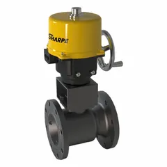 This electrically-actuated two-way ball valve features a carbon steel body with flange x flange connections and operates on 120V. It includes an ISO 5211 actuator mounting pad and thermal overload protection for automated on/off flow control in industrial piping systems.