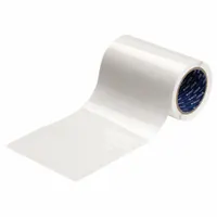 Clear acrylic laminate roll with permanent adhesive, measuring 4 3/8 inches high by 6 3/8 inches wide. Used as a protective overlaminates for labels in industrial environments, shielding against abrasion, chemicals, and moisture