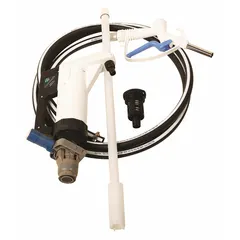 This lever-operated piston pump delivers 10 oz of diesel exhaust fluid per stroke. It features a polypropylene housing and a polyethylene suction tube. The kit includes a 36-inch hose, nozzle, and spout for transferring DEF from drums or containers.