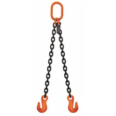 This Grade-100 double-leg chain sling is constructed from alloy steel with a 1/2 in chain trade size. It features fixed grab hooks for secure attachment to loads. Suitable for heavy lifting and rigging in industrial environments such as construction, manufacturing, and shipping.