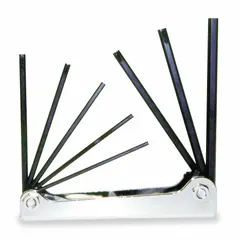 This folding hex key set contains one SAE standard-end long hex key with a black oxide finish, housed in a folding holder for organized storage. It is designed for tightening or loosening hex socket fasteners in maintenance, assembly, and repair tasks. The folding holder allows for compact portability and quick access in industrial, automotive, and field-service applications.