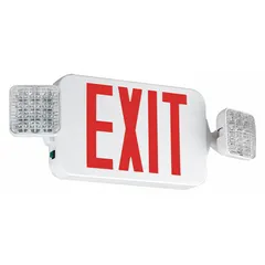 White plastic exit sign with red LED text and universal field selectable chevrons. Includes two square side-mount emergency light heads. Operates on 120/277V AC and mounts on ceiling or wall. Powered by a nickel cadmium battery; not remote capable and without self-diagnostics. Suitable for egress illumination in commercial buildings.
