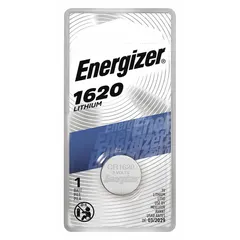 Disposable lithium/manganese dioxide coin cell battery in size 1620. Delivers 3V DC with 81 mAh capacity. Suitable for powering small electronic devices such as key fobs, remote controls, and calculators.