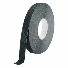 This solid black antislip tape is supplied in a 1 in x 49 13/64 ft roll with extra-coarse abrasive (36 grit) for slip resistance under heavy traffic. It features a permanent solvent acrylic adhesive and meets R13 slip-resistance specifications. Designed for indoor use, it is commonly applied to machine treads and other walking surfaces to improve traction.
