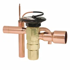 Straight-thru configured thermostatic expansion valve for R-410A refrigerant. Includes bulb strap and allows field adjustment of superheat. Used in HVAC and refrigeration systems to regulate refrigerant flow into the evaporator.