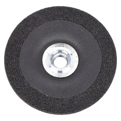 General-purpose grinding wheel for carbon and stainless steel. Aluminum oxide abrasive, 24 grit. Type 27 depressed center design. 7" diameter, 1/4" thickness, 5/8"-11 arbor hole. Suitable for material removal, weld grinding, edge chamfering, and surface blending.