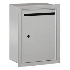 This letter box is designed for recessed mounting in walls, providing a built-in mail drop solution. It features a single front door and a powder-coated finish. Typical applications include commercial and institutional buildings where secure mail collection is needed.