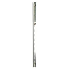 This heavy-duty steel slotted standard is designed for surface-mount applications such as retail shelving and merchandise displays. It features a zinc-plated silver finish, 1-inch slot spacing, and 1/2-inch slot length. Countersunk mounting screws are included for screw-in installation.