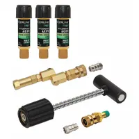 This UV leak detection kit is designed for locating refrigerant leaks in automotive air conditioning systems using R-1234yf. It includes an EZ-Ject Dye Injector Assembly and three 0.25 oz cartridges of Hybrid Vehicle/Ester A/C dye. The kit is suitable for use in fleet and vehicle maintenance applications