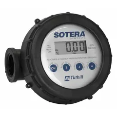 This nutating disc totalizer is designed for measuring flow of antifreeze, fertilizers, oils, pesticides, and petroleum fluids. It features a digital display, Viton seal and O-ring materials, and an accuracy of +/-0.5%. The unit measures in liters and is suitable for chemical dosing and fluid handling applications.