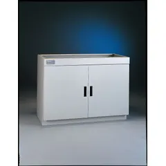 Steel storage cabinet with two manual doors, stationary design. Overall dimensions: 36 in width, 22 in depth, 36 3/4 in height. Suitable for storing laboratory supplies and equipment beneath or adjacent to fume hoods.