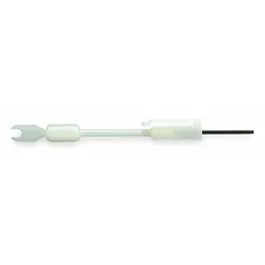 This calibration tool is used for adjusting and calibrating pneumatic thermostats in HVAC systems. It includes a pocket clip for convenient carrying. The tool is white and is designed for field service of pneumatic controls.