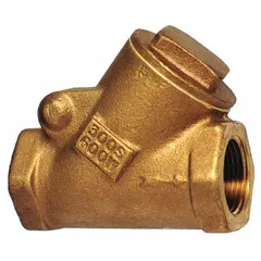 Bronze Y-style swing check valve with 3/8 in pipe size and FNPT x FNPT NPT connections. Designed for unidirectional flow control, preventing backflow in piping systems. The Y-style body allows inline servicing without removing the valve from the pipeline.