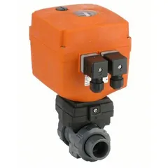 PVC electrically-actuated two-way ball valve with straight pattern, 2-inch size, operating on 100 to 230V AC. Includes manual override for backup operation. Used for automated on/off flow control in piping systems handling water, chemicals, or corrosive fluids.