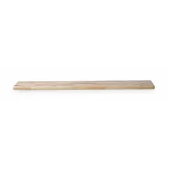 This bench top is designed for use in locker rooms and changing areas, providing a smooth seating surface. Constructed from laminated maple with a natural lacquer finish, it resists wear and moisture. Dimensions are 8 ft by 9 1/2 in.