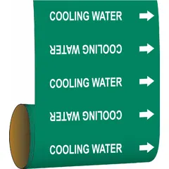 Green adhesive pipe markers with white 'Cooling Water' legend and directional arrows. Each marker fits pipe outer diameters from 2-1/2 to 2 inches. Supplied on a roll of 30 markers for identifying cooling water lines in industrial piping systems.