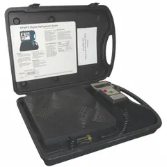 Electronic refrigerant scale with 200 lb maximum capacity and ± 2 g accuracy. Features a built-in display and programmable settings for preset charge amounts. Includes carrying case. Used for precise refrigerant charging in HVAC and refrigeration systems.