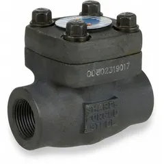This 2-way swing check valve features a carbon steel inline body with 1 in FNPSM female connections and a metal seat. It is designed to prevent backflow in piping systems, allowing flow in one direction and automatically closing upon flow reversal. Typical applications include water, oil, and gas lines in industrial settings.