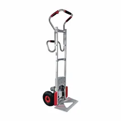 Electric stair-climbing hand truck with a 375 lb capacity, featuring a rounded back aluminum frame and 10-inch pneumatic tires. Includes a four-position sweep back and requires 4.5 hours for a full charge. Designed for moving heavy loads up and down stairs in warehouses, delivery routes, and industrial facilities.