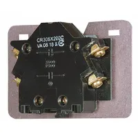Side-mounted auxiliary contact block for GE 300-Line contactors. Provides one normally open and one normally closed circuit rated for 10 A maximum AC current. Used to add control or signaling contacts in motor control centers and industrial automation applications