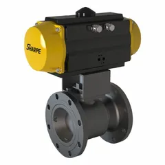 This SHARPE pneumatically-actuated two-way ball valve features a 6-inch carbon steel body with flange x flange connections. It is designed for on/off flow control in pipelines handling industrial fluids. The valve does not include a pilot solenoid voltage. Typical applications include oil, gas, chemical, and water treatment systems requiring remote pneumatic actuation.