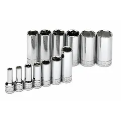 This 13-piece socket set includes 6-point SAE deep sockets ranging from 1/4 in to 1 in with a 3/8 in drive. Features a friction ball retainer for secure socket retention. Suitable for tightening and loosening fasteners in automotive, industrial, and mechanical applications.