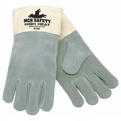 Stick welding gloves with premium gray cowhide leather palm and wing thumb for heat resistance and dexterity. Features a safety cuff and gray cowhide backing. Suitable for heavy-duty welding tasks in fabrication, construction, and industrial maintenance. Sold as 1 pair.