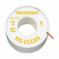 TECHSPRAY no-clean flux desoldering braid, size #2, 0.055 inches wide and 100 feet long, in yellow. Used to wick excess solder from circuit boards during rework or repair, with a no-clean flux formulation that eliminates post-solder cleaning