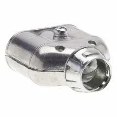 Die cast zinc straight duplex box connector with a 3/8 in trade size, non-insulated, and a silver finish. Features a U-shaped strap for securing AC/MC cable to junction boxes or enclosures. NRTL Listed.