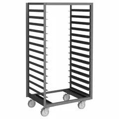 This standard-duty side-loading sheet pan rack from DURHAM MFG features 14 slots with 4 in between shelves and a 1200 lb capacity. Constructed from gray angle iron, it accommodates full-size pans measuring 23-15/16 x 29-15/16 in. Overall dimensions: 67 1/8 in H x 24 in W. Suitable for transporting and storing sheet pans in commercial kitchens and bakeries.