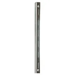 This heavy-duty slotted standard is made of zinc-plated steel with a silver finish. It measures 7/8 in x 1/2 in x 36 in, with 1 in slots spaced 2 in apart. Designed for screw-in mounting, it is used in retail displays, warehouses, and commercial storage to support shelf brackets.