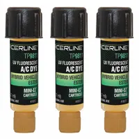 A/C dye refill for leak detection in automotive air-conditioning systems. Contains three 0.25 oz cartridges of Hybrid Vehicle/Ester A/C dye. Compatible with R-1234yf and R-134a refrigerants