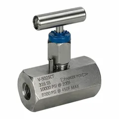 316 stainless steel straight-body needle valve with 1/2 in female NPT connections on both ends. Designed for precise flow regulation and leak-tight shutoff in hydraulic, pneumatic, and process control systems. Complies with ASTM A 696 standards.
