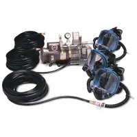 Complete supplied-air respirator system for three users. Includes a 1-1/2 hp ambient air pump and full-face mask headgear. Suitable for environments requiring continuous breathable air supply, such as painting, chemical processing, and confined-space entry