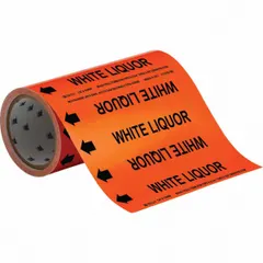 Orange adhesive pipe markers with black legend text reading 'White Liquor', designed for pipes with an outside diameter of 2 inches and smaller. Each roll contains 30 markers, each featuring flow-direction arrows. Used for identifying pipes carrying white liquor in industrial processing facilities.