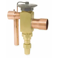 Straight-thru thermostatic expansion valve for R-22 refrigerant. Externally adjustable superheat setting. Includes sensing bulb mounting clamp and permanent strainer. Used in HVAC and refrigeration systems to regulate refrigerant flow into the evaporator.