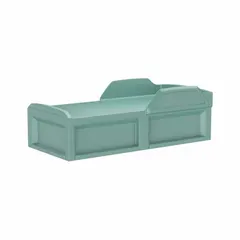 Institutional bed frame constructed from polyethylene in aqua color. Overall dimensions: 80 in length, 36 in width, 27 in height. Suitable for healthcare, assisted living, and behavioral health settings where moisture resistance and impact durability are required.