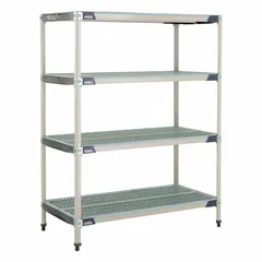 This stationary shelving unit features a 304 stainless steel frame and antimicrobial polymer shelves, designed for use in harsh environments where hygiene and corrosion resistance are required. With four shelves and an overall height of 62 inches, it provides organized storage in cleanrooms, wet areas, and other demanding settings.