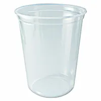 This round plastic container is made of clear polypropylene and includes a detached lid. It is designed for single-use carry-out applications in food service, such as takeout, meal prep, and catering. The container is BPA-free and medium-weight, sold in a 500-pack