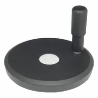 This solid hand wheel features a revolving handle for ergonomic manual control. Constructed of aluminum, it has an 80 mm diameter and 10 mm bore. Suitable for valve actuation, machine adjustment, and positioning tasks in industrial machinery