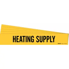 Yellow adhesive pipe marker with black legend reading 'Heating Supply'. Designed for pipes with outer diameter of 8 inches and larger. Each pack contains 5 markers without directional arrows. Used to identify heating supply lines in industrial and commercial piping systems.