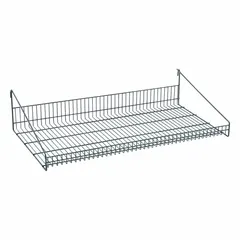 This steel shelf is designed for use with wire grid panels, providing a convenient storage surface for small to medium-weight items. It features an epoxy-coated green finish and supports up to 50 lb. Common applications include organizing tools, parts, or supplies in workshops, retail displays, and storage areas.