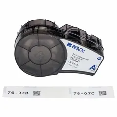 Thermal transfer precut label roll cartridge with acrylic permanent adhesive and halogen-free material. Contains 91 labels sized 3/4 in x 1 1/2 in. Compatible with M210 printer series. Used for industrial identification, cable marking, and component labeling.