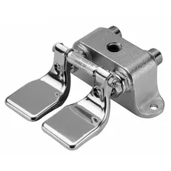 Stainless steel foot pedal valve assembly with nickel and stainless steel finish. Features NPT connections and 5 3/4 in overall width. Enables hands-free faucet operation in industrial settings such as laboratories, clean rooms, and food processing areas.
