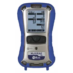 Multi-gas detector from the RAE Systems MultiRAE MX series, configured for ammonia (NH3) detection with additional support for chlorine (CL2), hydrogen cyanide (HCN), and oxygen (O2) sensors. Housed in a black enclosure, powered by a lithium-ion battery. Suitable for industrial environments where multiple toxic and asphyxiant gases may be present, such as chemical processing, wastewater treatment, and confined-space entry.