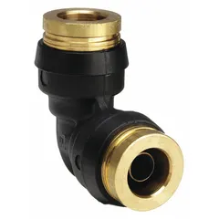 This push-to-connect elbow fitting connects 3/8 in OD tubing in pneumatic systems without tools. It is made of brass and composite materials for secure, leak-resistant connections in air brake and fluid power applications. Sold in a 10-pack.
